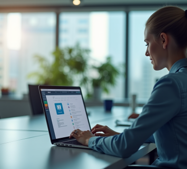 Professionnel dans un bureau moderne utilisant une sauvegarde cloud