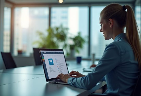 Professionnel dans un bureau moderne utilisant une sauvegarde cloud