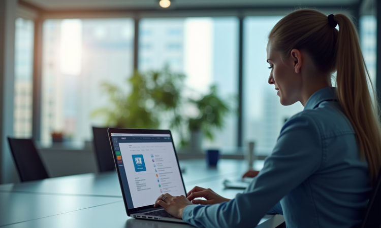 Professionnel dans un bureau moderne utilisant une sauvegarde cloud