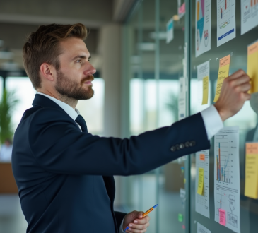 Homme en costume bleu analysant un diagramme dans un espace de travail moderne