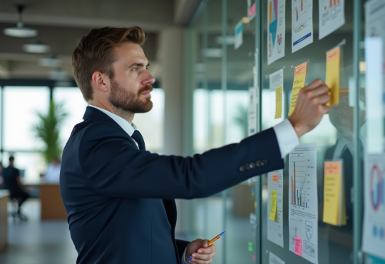 Homme en costume bleu analysant un diagramme dans un espace de travail moderne