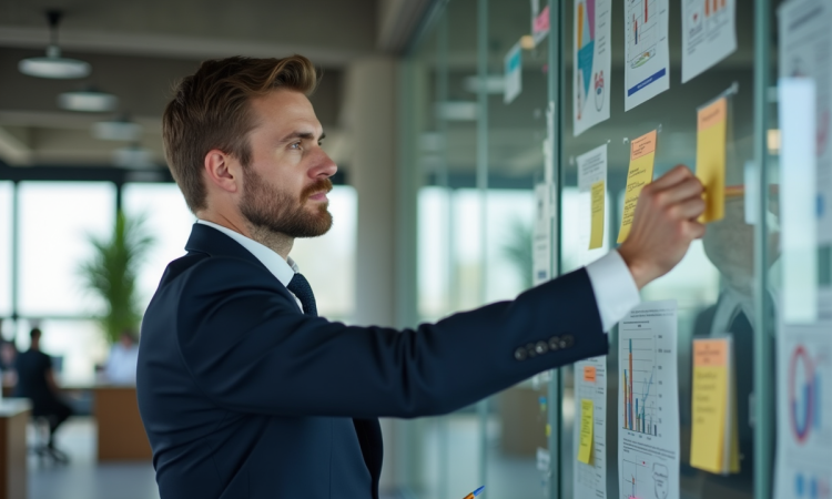 Homme en costume bleu analysant un diagramme dans un espace de travail moderne