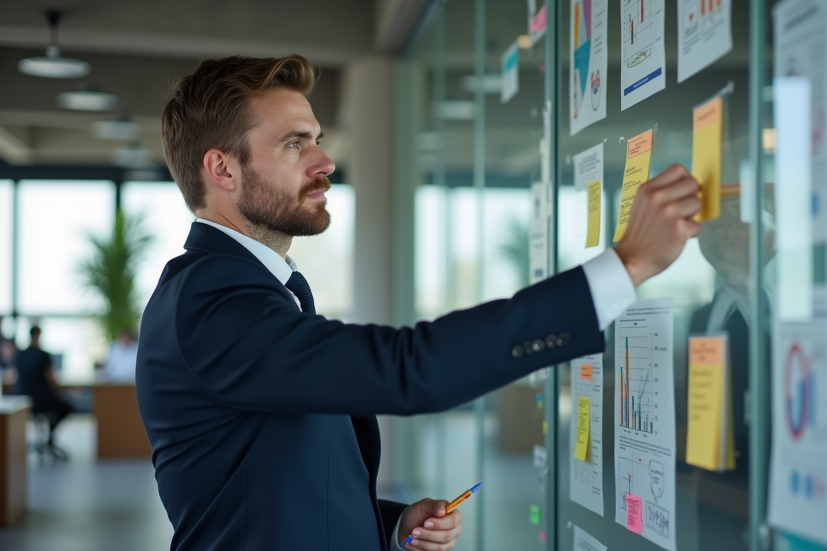 Homme en costume bleu analysant un diagramme dans un espace de travail moderne