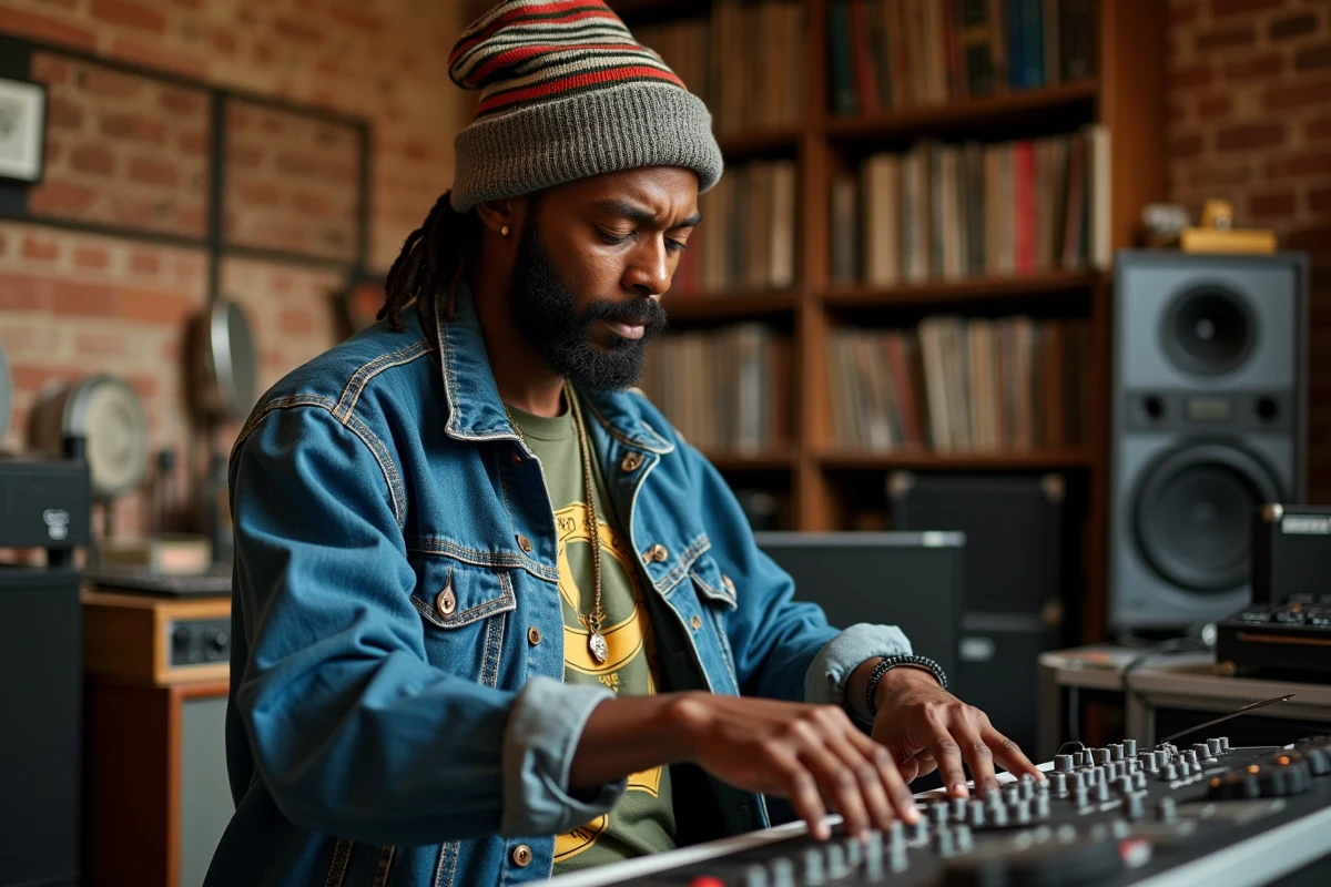 Chanteur reggae en répétition dans un studio vintage