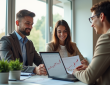 Jeune couple rencontrant un conseiller immobilier dans un bureau lumineux