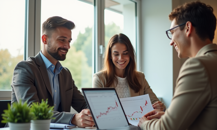 Jeune couple rencontrant un conseiller immobilier dans un bureau lumineux