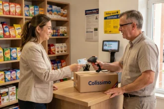 Femme présentant sa carte d'identité à un commerçant pour retirer un colis Colissimo en point relais