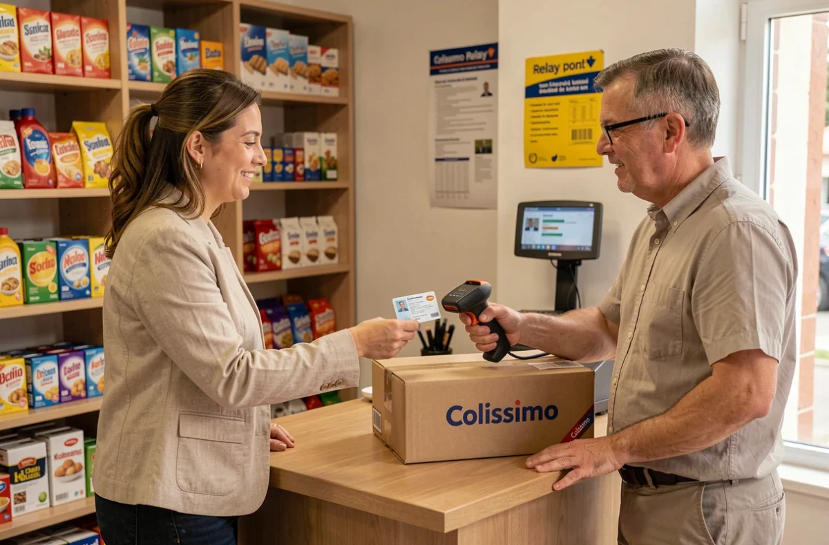 Femme présentant sa carte d'identité à un commerçant pour retirer un colis Colissimo en point relais