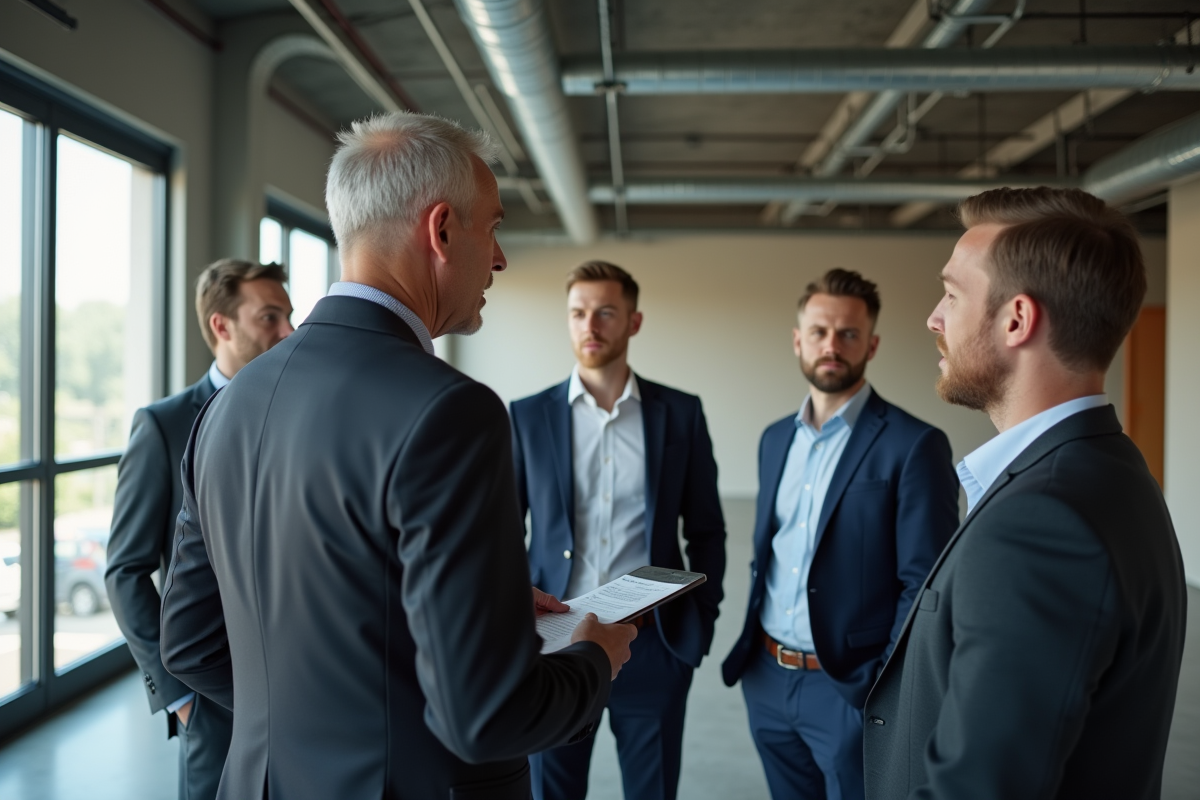 Homme montrant un espace commercial rénové à un groupe d