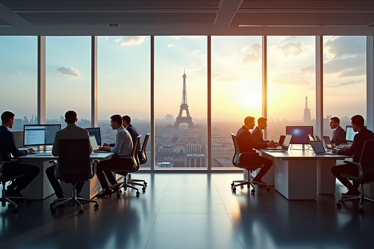 Employes en visioconference dans un bureau ouvert avec vue sur Paris