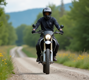 Jeune homme en enduro dans la forêt en exploration