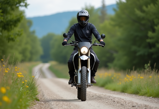 Jeune homme en enduro dans la forêt en exploration