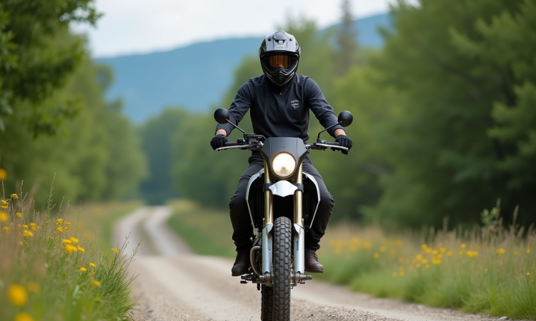 Jeune homme en enduro dans la forêt en exploration