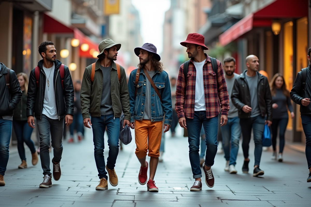 Groupe divers en streetwear dans une rue animée de la ville