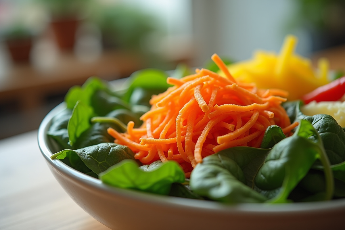 Salade fraîche avec épinards carottes et poivrons en gros plan