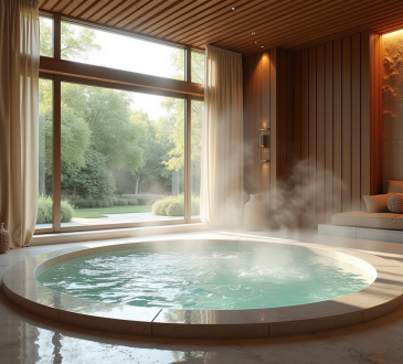 Salle de spa privée avec jacuzzi et décoration élégante