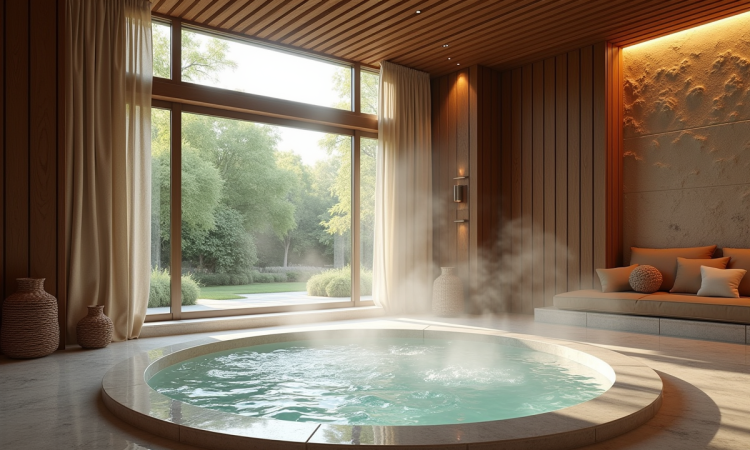 Salle de spa privée avec jacuzzi et décoration élégante