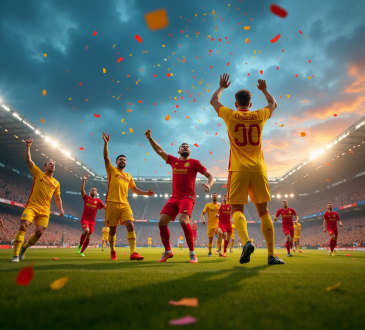 Stade rempli lors d'un match de RC Lens en soirée avec supporters en jaune et rouge