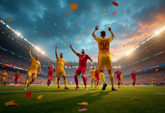 Stade rempli lors d'un match de RC Lens en soirée avec supporters en jaune et rouge