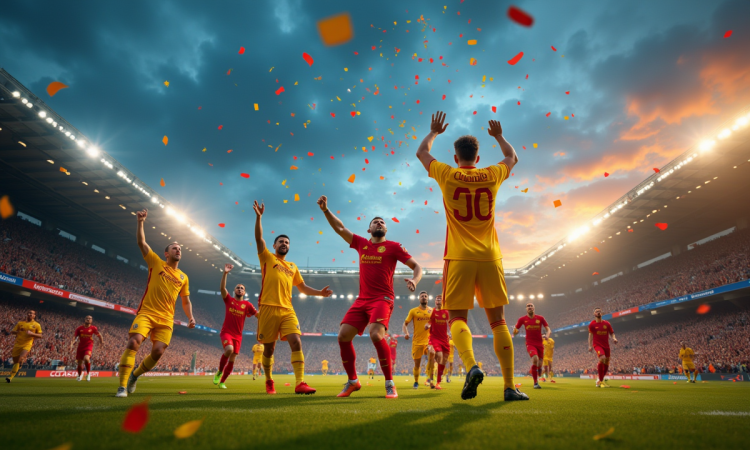 Stade rempli lors d'un match de RC Lens en soirée avec supporters en jaune et rouge