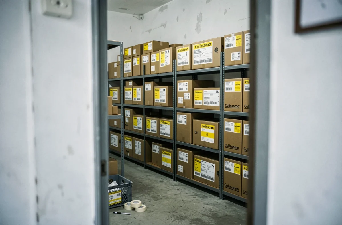 Colis Colissimo stockés sur des étagères dans la réserve d'un point relais en attente de retrait