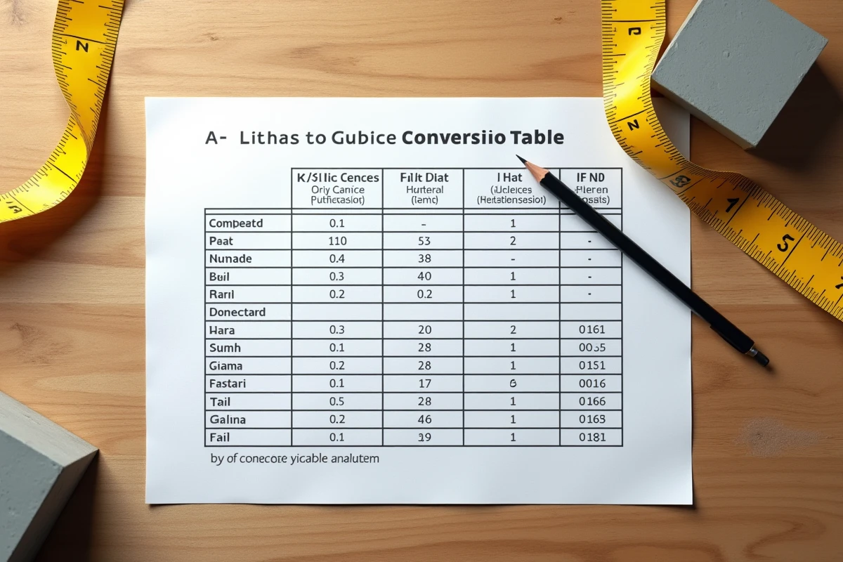 Vue aérienne d'un tableau de conversion litres en m3 imprimé sur une table d'atelier avec mètre ruban et échantillon de béton