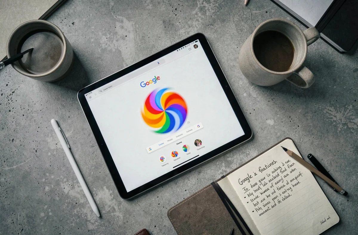 Vue de dessus d'une tablette affichant la toupie Google avec un carnet de notes et une tasse de café