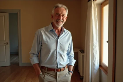 Homme grand et souriant en tenue décontractée debout près d'un encadrement de porte illustrant la notion de grande taille