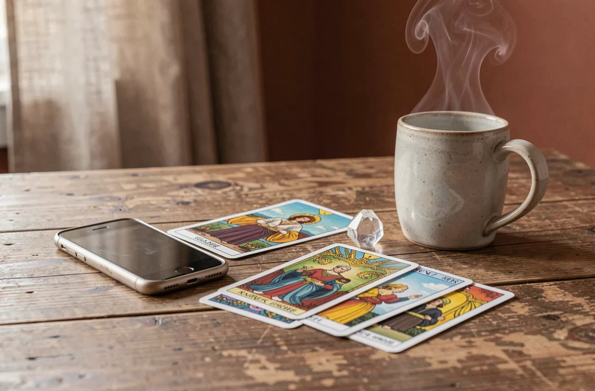 Table avec cartes de tarot, cristal et téléphone symbolisant une consultation de voyance sérieuse et authentique