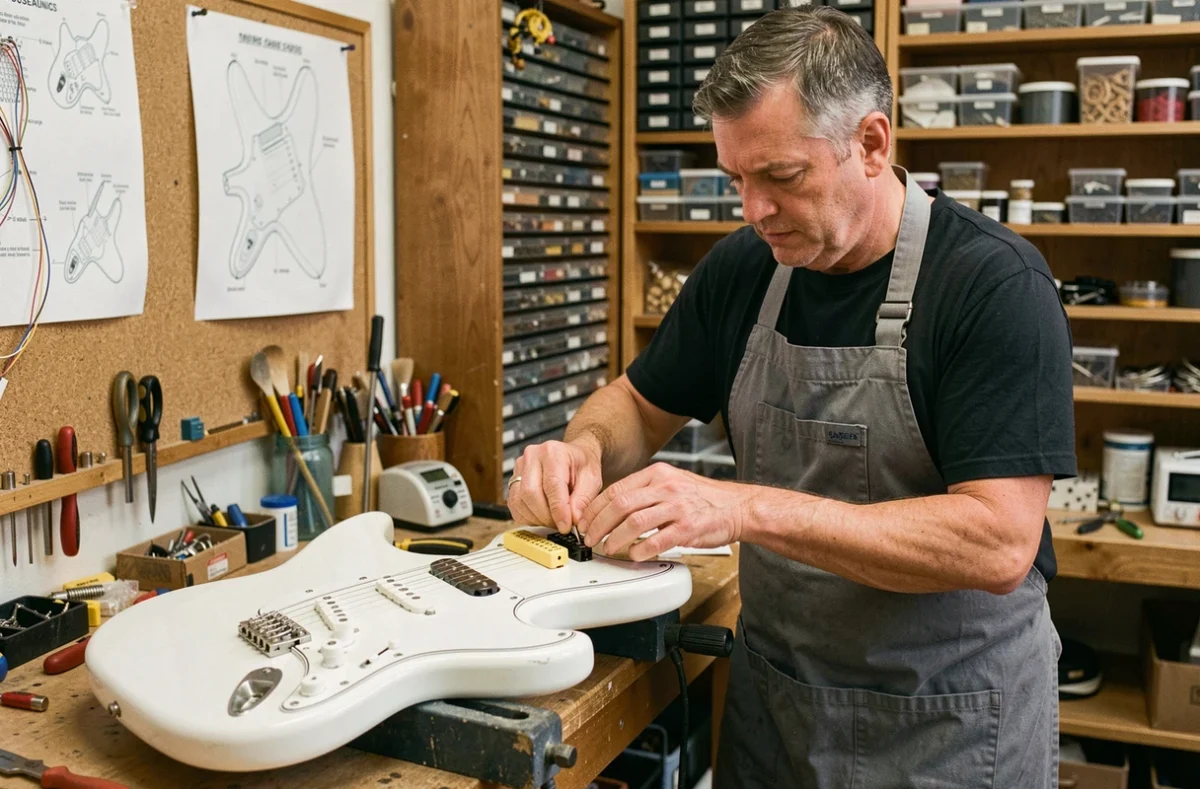 Technicien luthier installant un micro Samarium Cobalt dans le corps d'une Stratocaster démontée dans un atelier de réparation guitare