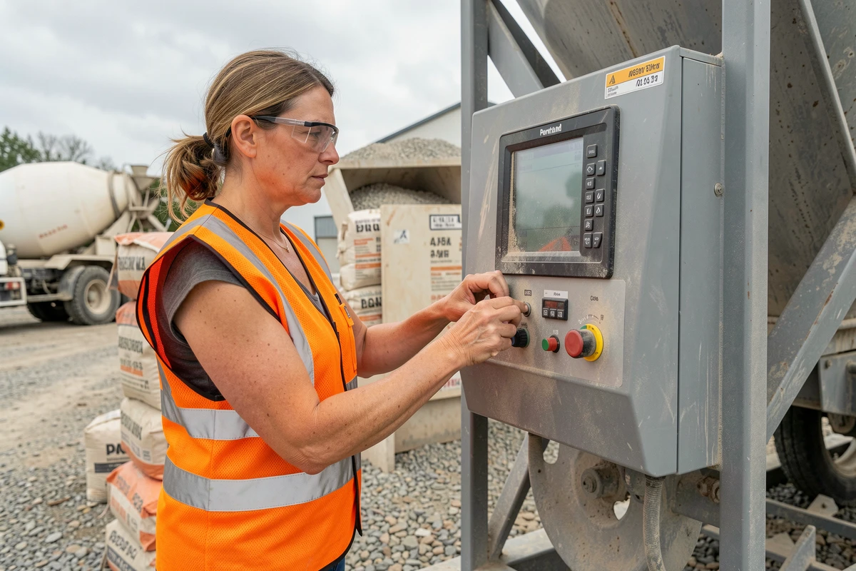 Technicienne réglant le dosage béton sur une centrale à béton portable avec différents granulats en chantier