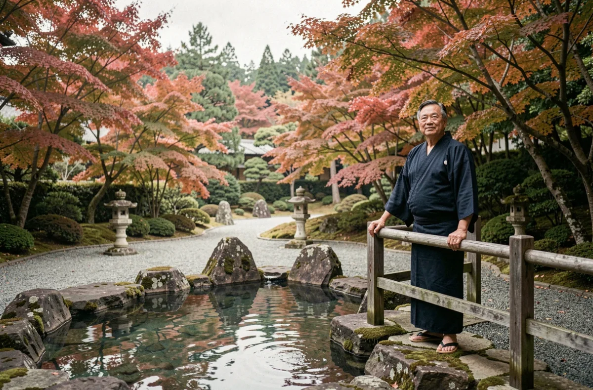 Homme en yukata marine contemplant un bassin thermal extérieur japonais entouré de feuillage automnal rouge