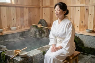 Femme en yukata blanc assise dans un onsen japonais traditionnel avec bassin en pierre et vapeur naturelle
