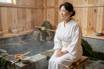 Femme en yukata blanc assise dans un onsen japonais traditionnel avec bassin en pierre et vapeur naturelle