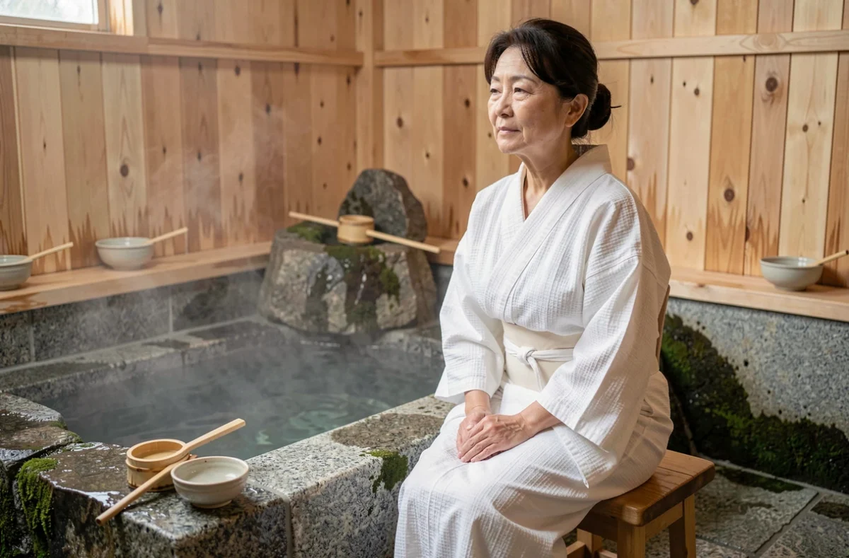 Femme en yukata blanc assise dans un onsen japonais traditionnel avec bassin en pierre et vapeur naturelle