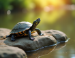 Tortue au soleil sur un rocher près d'un étang calme