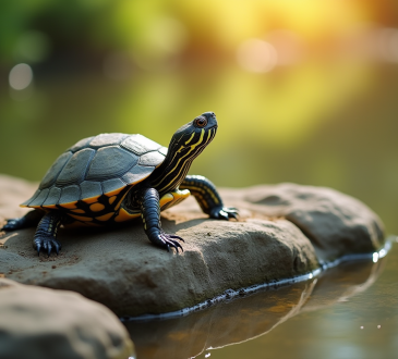 Tortue au soleil sur un rocher près d'un étang calme