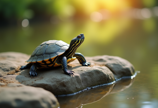 Tortue au soleil sur un rocher près d'un étang calme