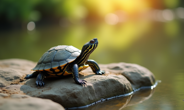 Tortue au soleil sur un rocher près d'un étang calme