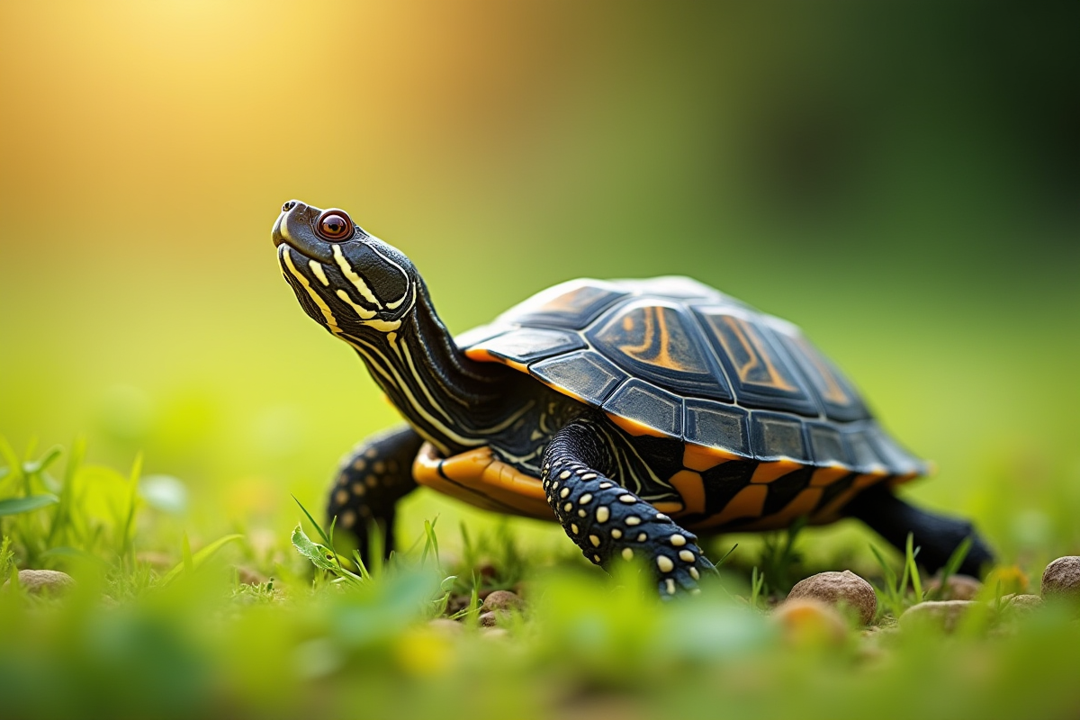 Tortue marchant lentement sur un sol vert au matin