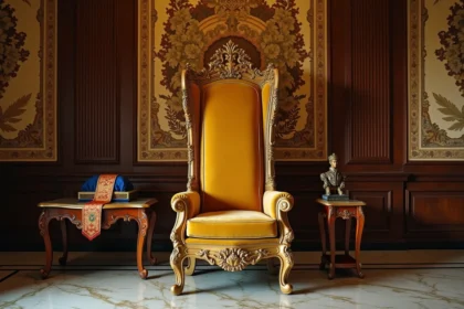 Salle de réception officielle avec trône vide et décorations militaires, évoquant l'histoire du Shah d'Iran dans les années 1970
