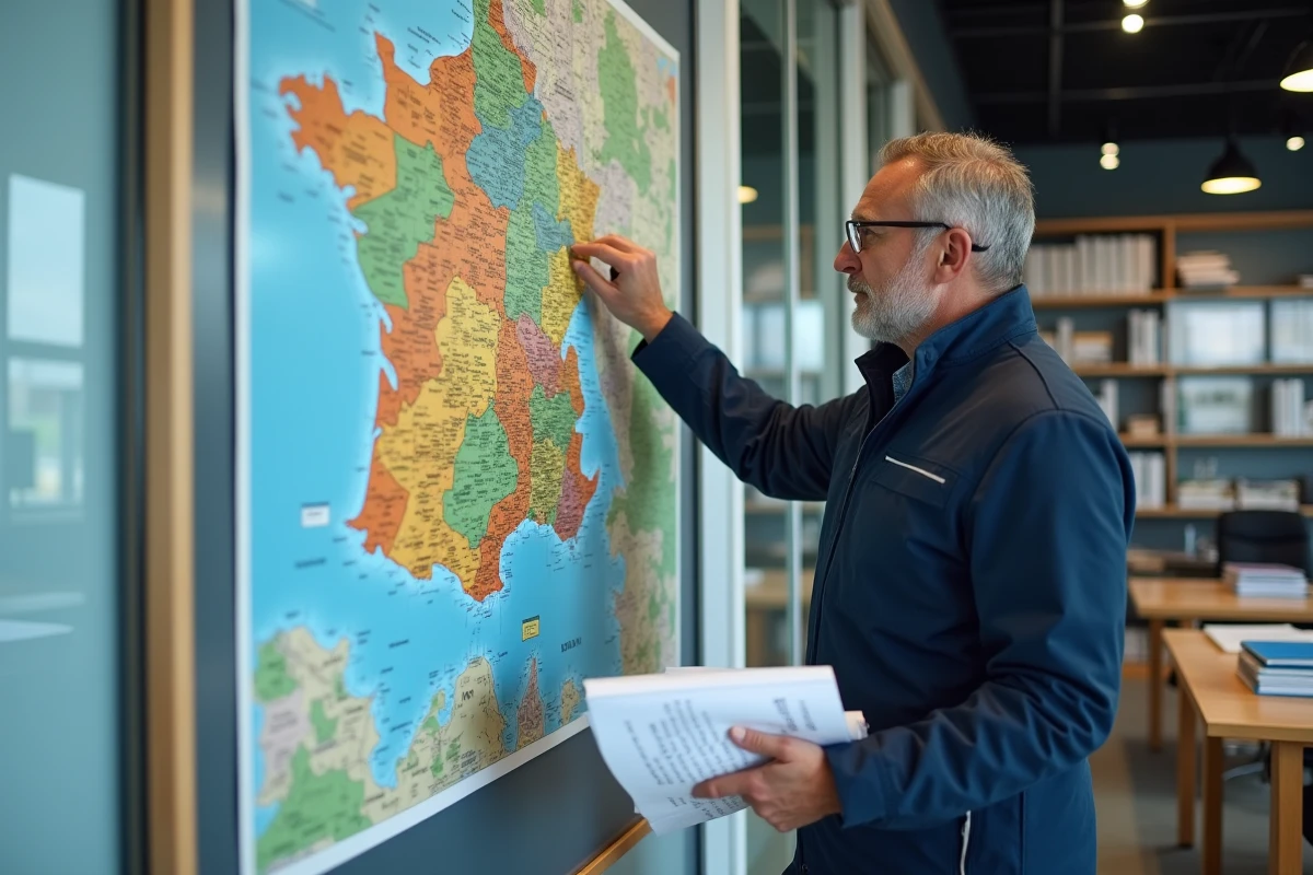 Urbaniste français analysant une carte de France dans un bureau de planification urbaine municipale