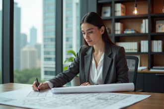 Urbaniste femme en bureau analysant plans et carte urbaine