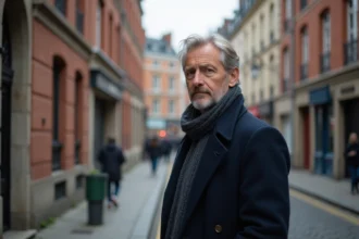 Urbaniste homme dans un vieux quartier avec bâtiments en briques