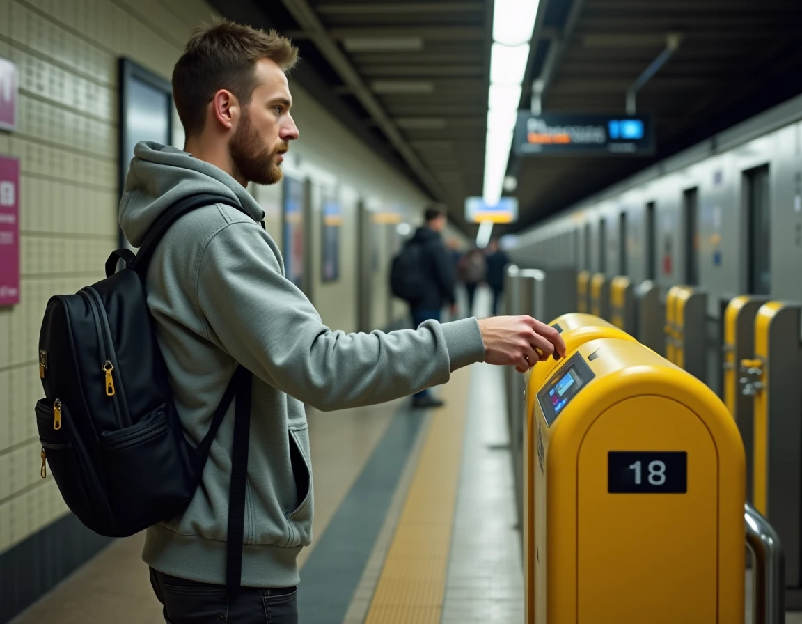Passager validant son pass Navigo aux portiques d'entrée du métro parisien
