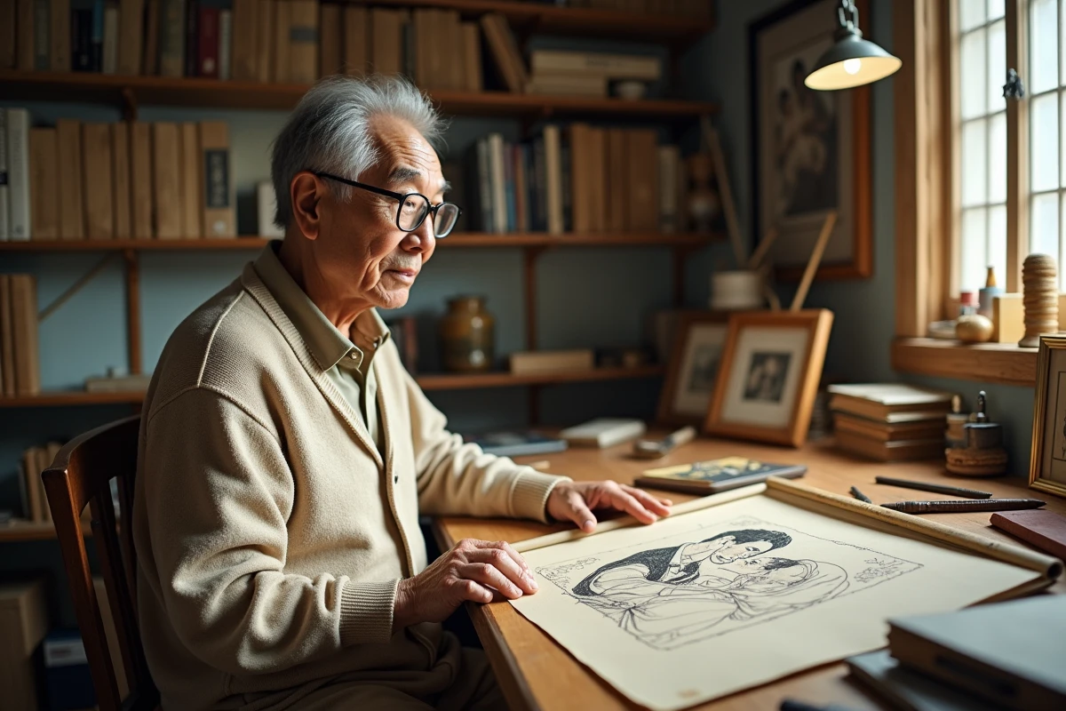 Artiste japonais âgé travaillant sur manga dans son studio
