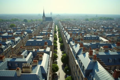 Vue aérienne d'un centre-ville français dense avec toits haussmanniens et étalement urbain vers la périphérie