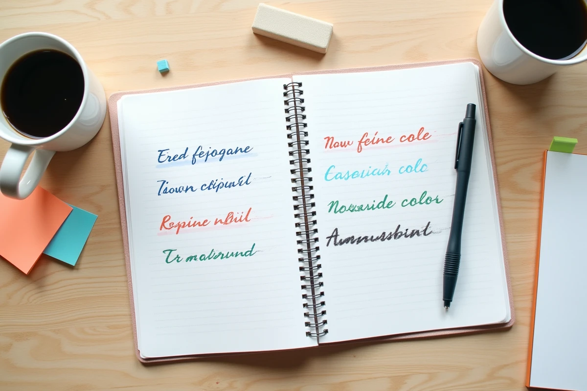 Vue de dessus d'un carnet ouvert avec des notes manuscrites en 4 couleurs effaçables et un stylo posé sur un bureau en chêne